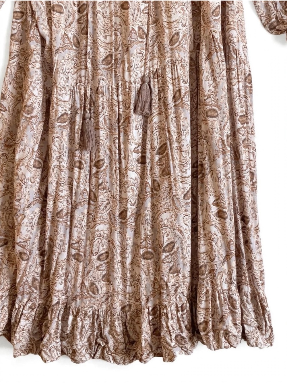 VICI Collection Boho Paisley Maxi Dress XL Beige Brown Tassel Tiered + Slip - Picture 4 of 7